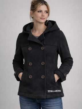 Billabong Jacket Womens Small Black Button Hooded Cotton Blend Warm Spring Fall